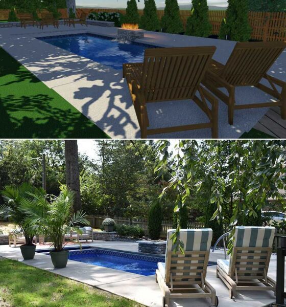 Before and after of Back Patio with pool, landscape and Fire pit redesigned