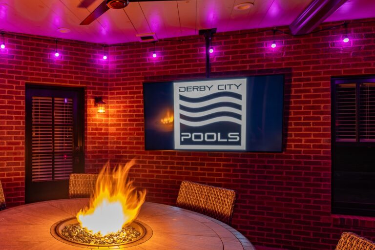 TV Supply Chain Outdoor TV in front of fire pit, installed by Derby City Pools